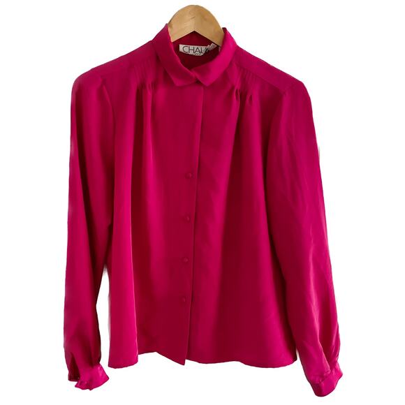 Vintage hot pink chiffon lightweight secretary blouse shoulder pleats size M - Picture 3 of 8